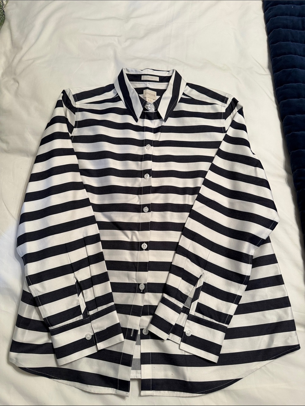 Chico's Navy and White Striped Collared Button Shirt